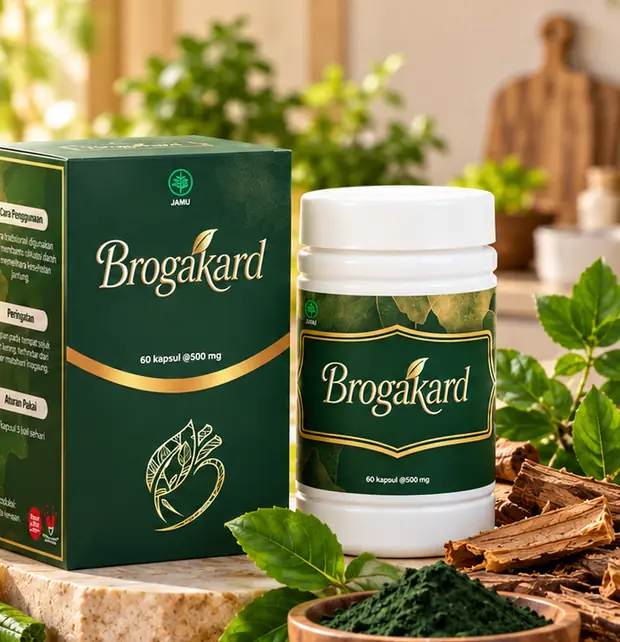 Brogakard, herbal sirkulasi darah terdaftar BPOM, kemasan kotak dan botol 60 kapsul bersama nanas, gambir, dan spirulina